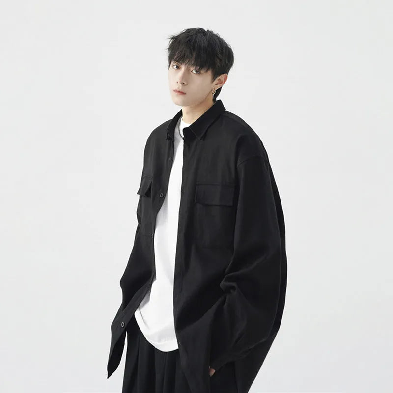 Men's loose large size casual work shirt jacket in black, polyester blend, long sleeves, regular length