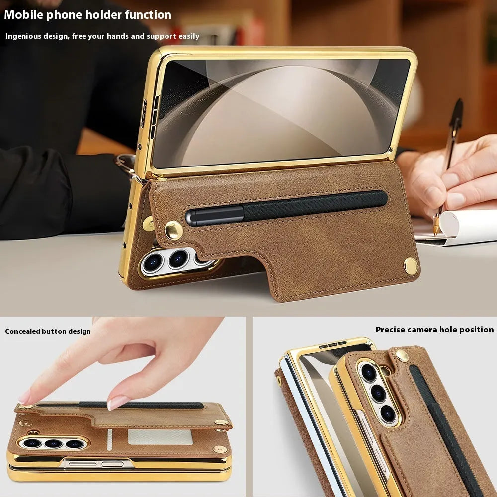 PU leather phone case for Samsung Z Fold 5 with bracket, pen slot, and card storage in black electroplated finish