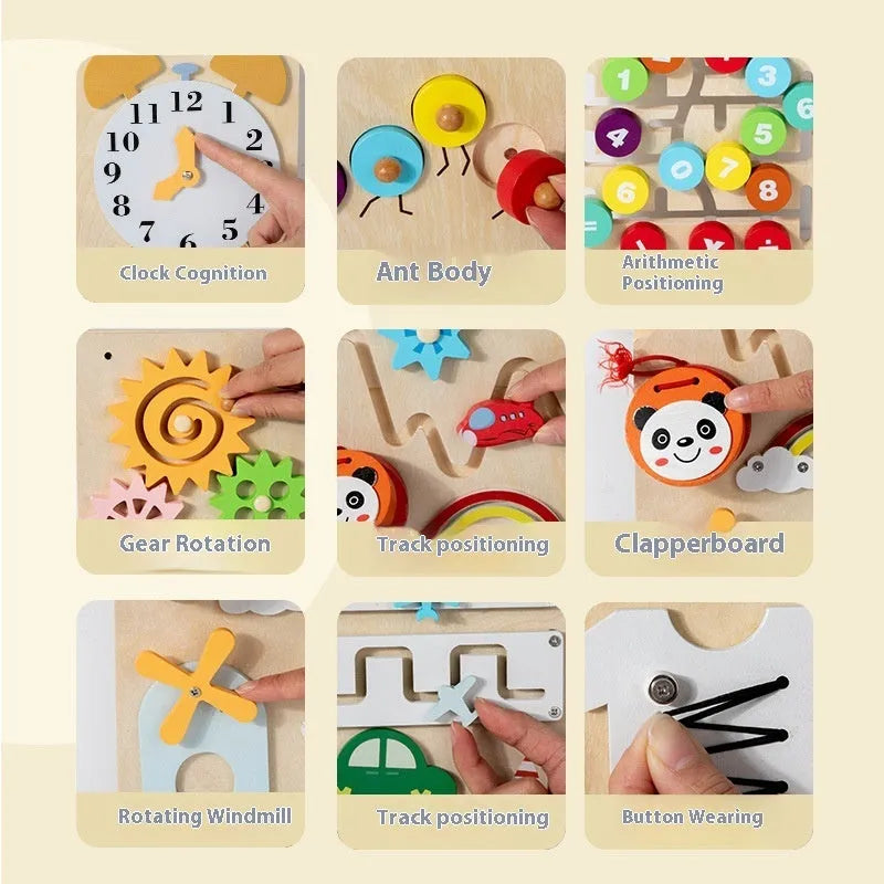 Wooden multi-functional busy wall board educational toy for children aged 4-6 with dimensions 46x15.5x18 cm
