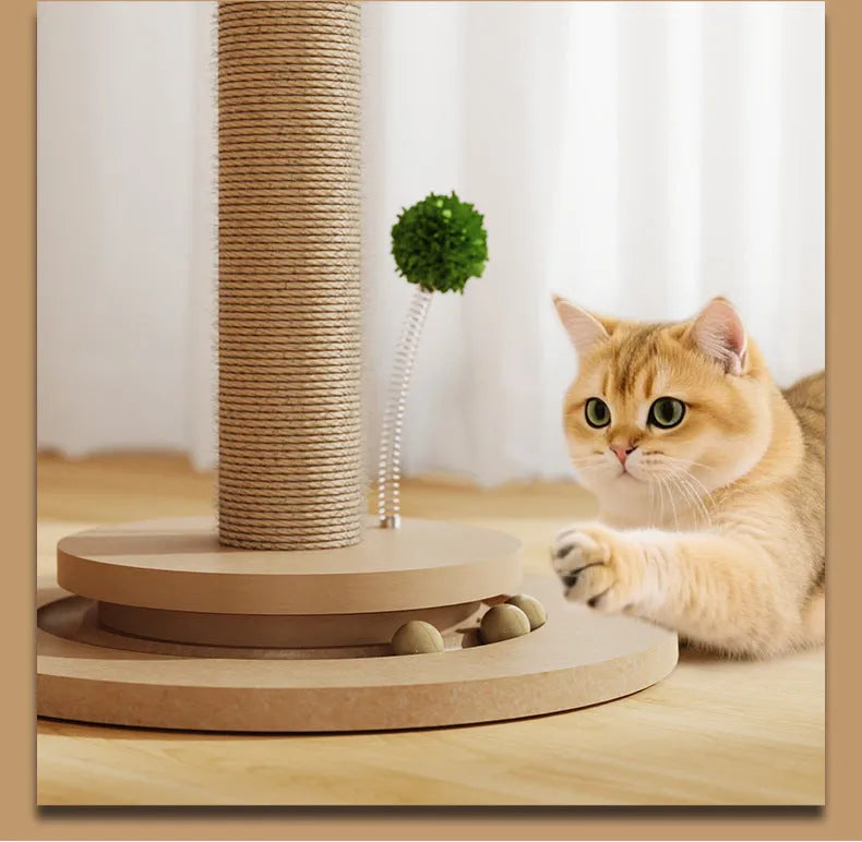 Vertical canna-coloured cat climbing frame with a hemp rope scratching post and simple design.