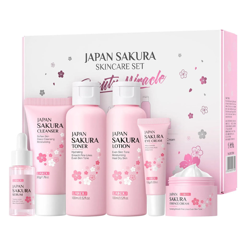 Cherry blossom facial care 6-piece set showing cleanser, toner, moisturiser, serum, eye cream and essence cream