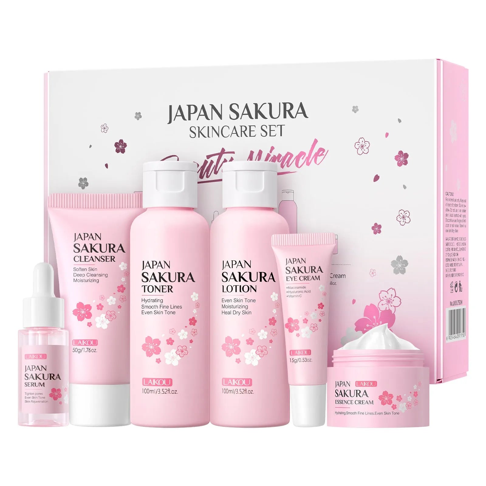 Cherry blossom facial care 6-piece set showing cleanser, toner, moisturiser, serum, eye cream and essence cream