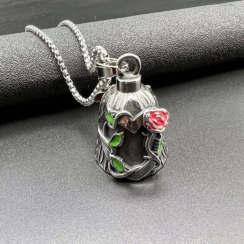 Titanium steel motorcycle riding lucky bell with polished vintage finish and double-sided epoxy rose design