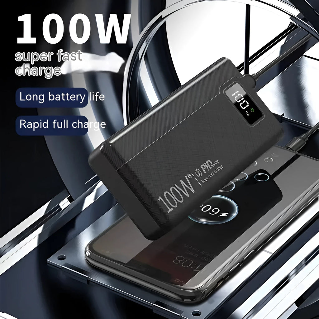 Black and white large capacity power bank showing front view with dimensions 150mm by 76mm