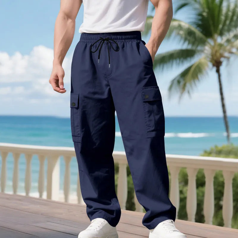 Men's multi-pocket cargo pants in dark gray with loose straight leg and multiple side pockets