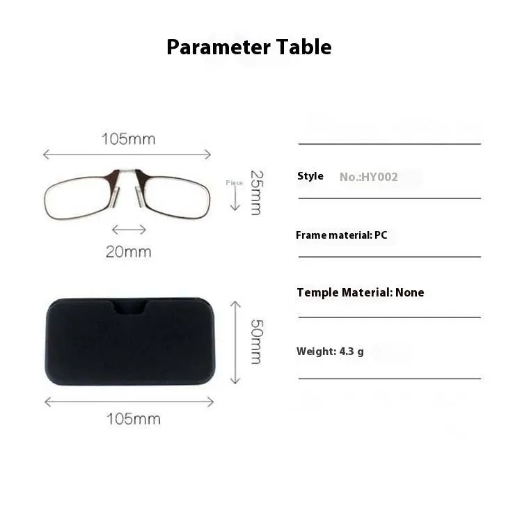Ultra-thin portable glasses case for legless nose clip reading glasses with PC lens, black frame