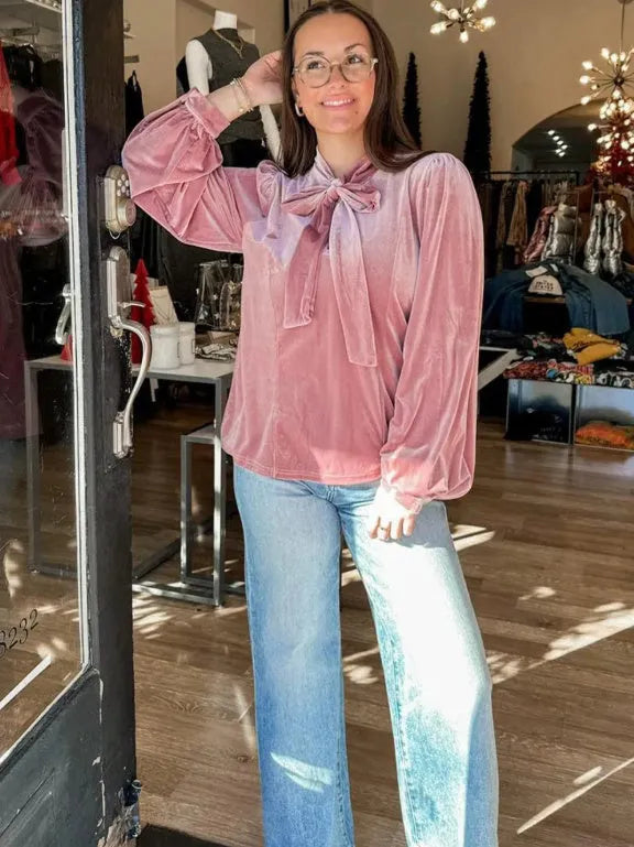 Fuchsia solid colour velvet long sleeve blouse with ribbon bow knot at neck