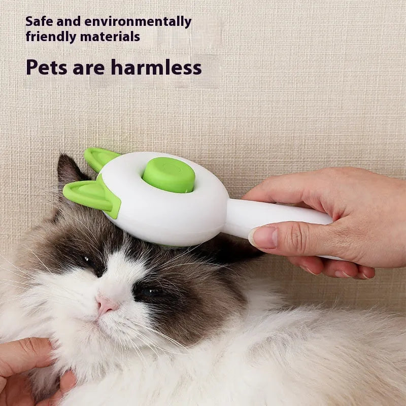 Self-cleaning cat grooming comb with stainless steel bristles in greenish white colour