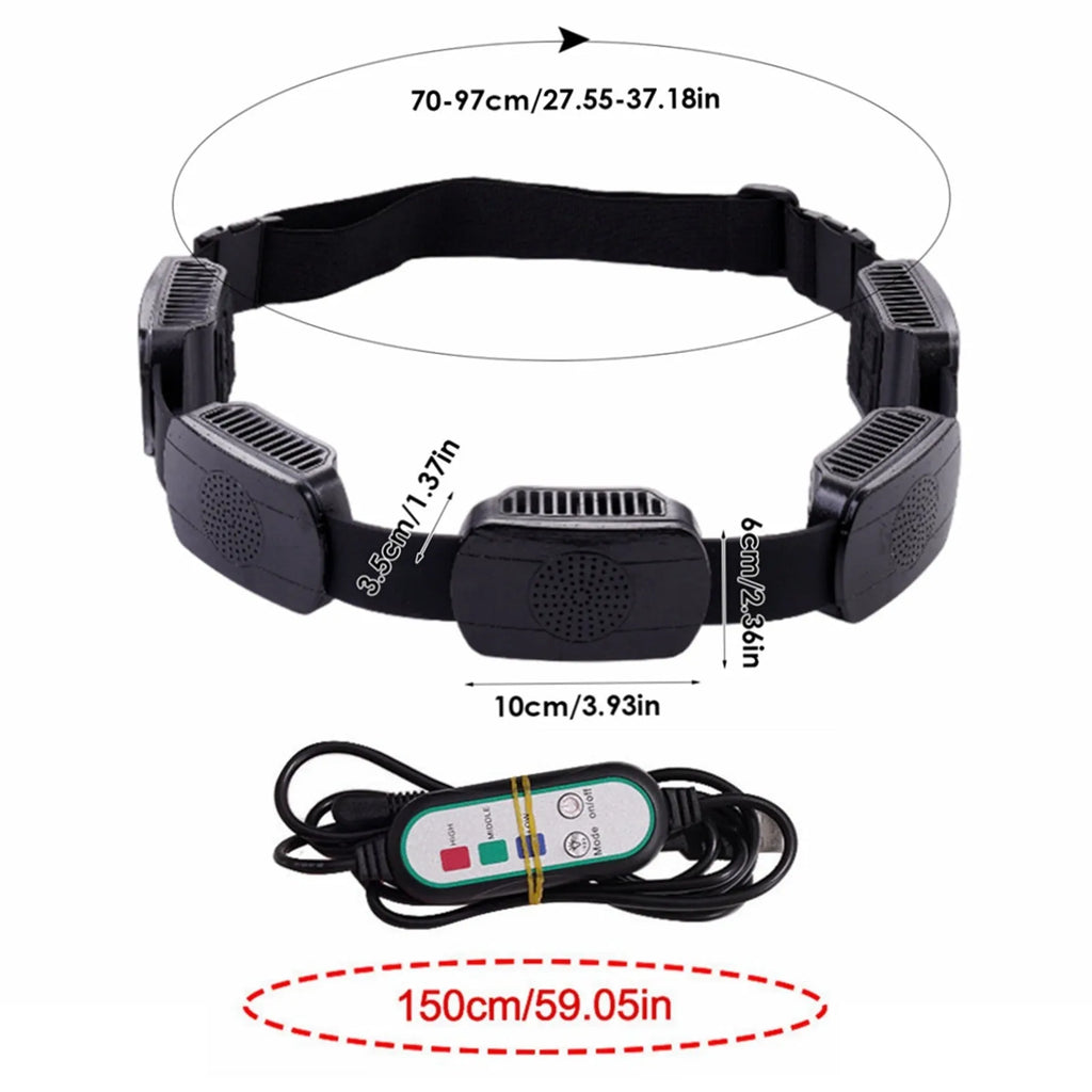 Black outdoor portable USB ring waist fan with five fans on a belt and 1.5m boost cable