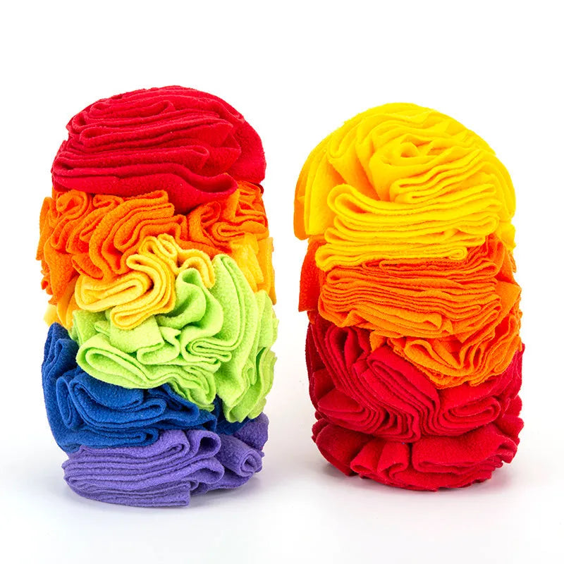 Dog snuffle pad in rainbow colour with polar fleece strips on a light background, 25x15cm size