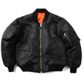 Men's army green loose fit cotton-padded pilot jacket with a double-sided construction on a hanger.