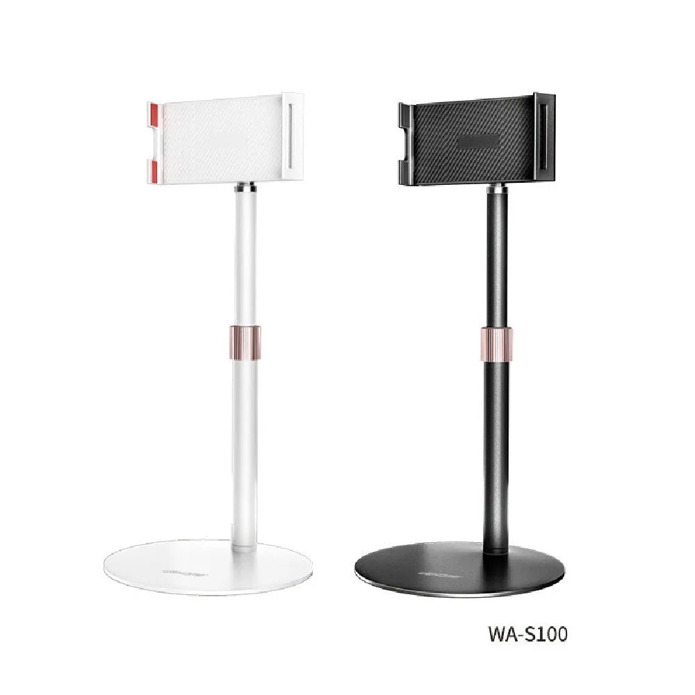 Black adjustable desk bracket holding a tablet, showing its telescopic metal arm extended.