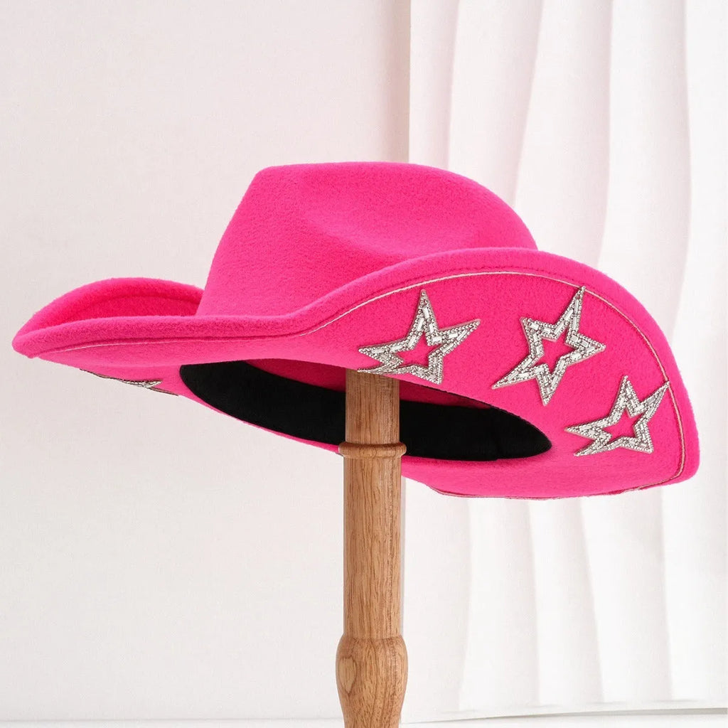 A beige polyester western denim top hat with a conical crown and a woven hexagonal star design on the front.