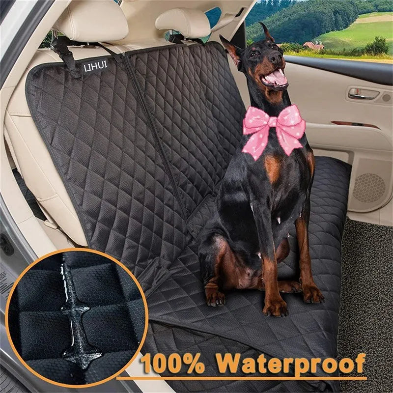 Black pet car seat cover made from 600D Oxford cloth with thick cushion and non-slip net on a rear car seat