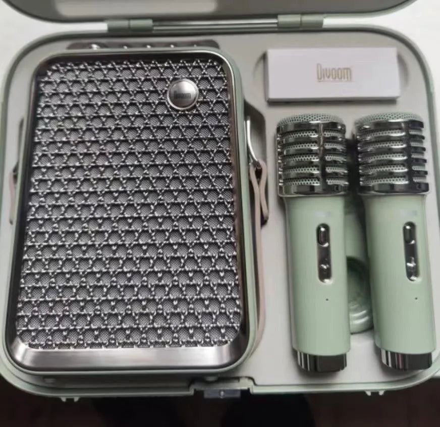 Portable Bluetooth karaoke speaker set with two microphones, green or white, rechargeable lithium battery