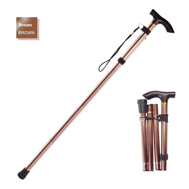 Aluminium alloy folding walking stick extended to show adjustable height and non-slip tip.