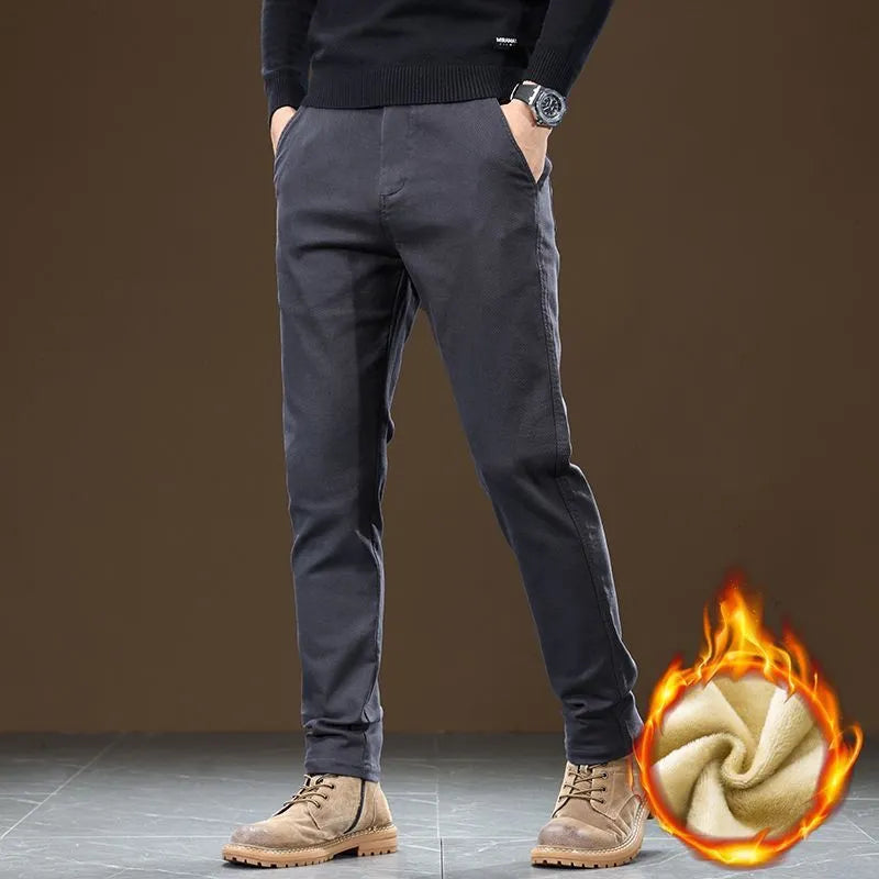Men's fleece-lined slim fit tapered casual pants in black cotton fabric with straight leg