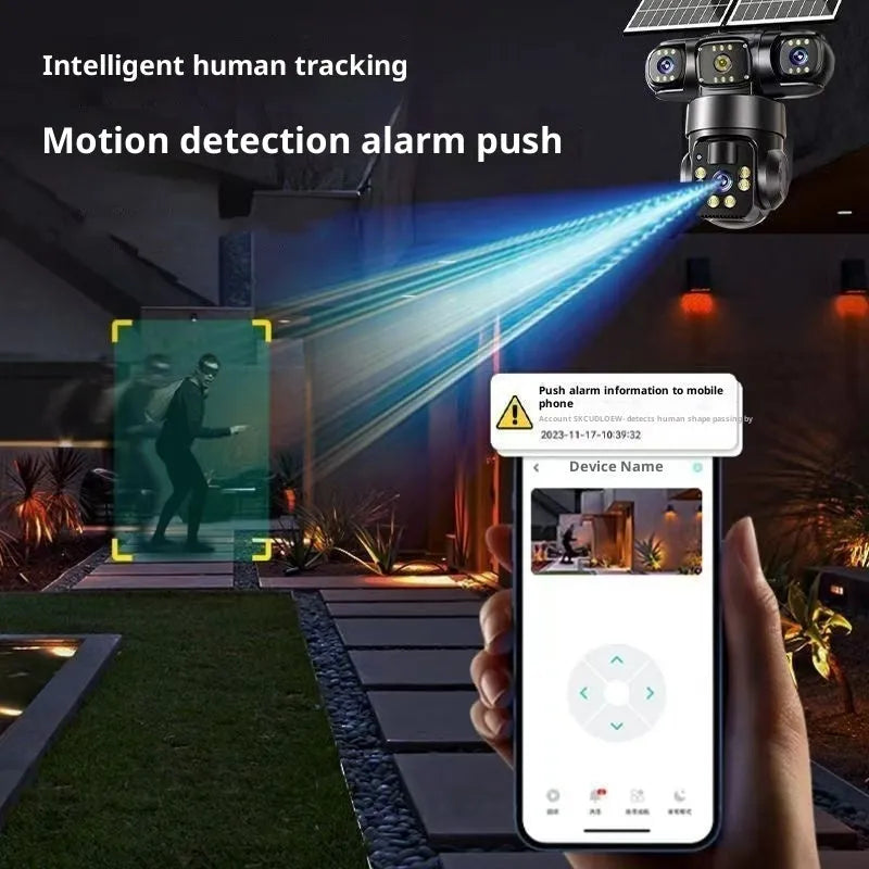 Solar Powered Security Camera No Plug In Required 4MP 1080P Full Colour Night Vision IP66 Waterproof ABS Material 355 Degree Rotation 90 Degree Tilt TF Card Cloud Storage Light Load Gimbal Outdoor Surveillance
