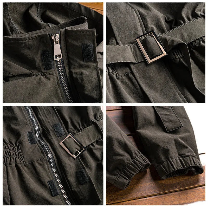 Men's hooded workwear jumpsuit in army green with ankle-tied cuffs and zip closure