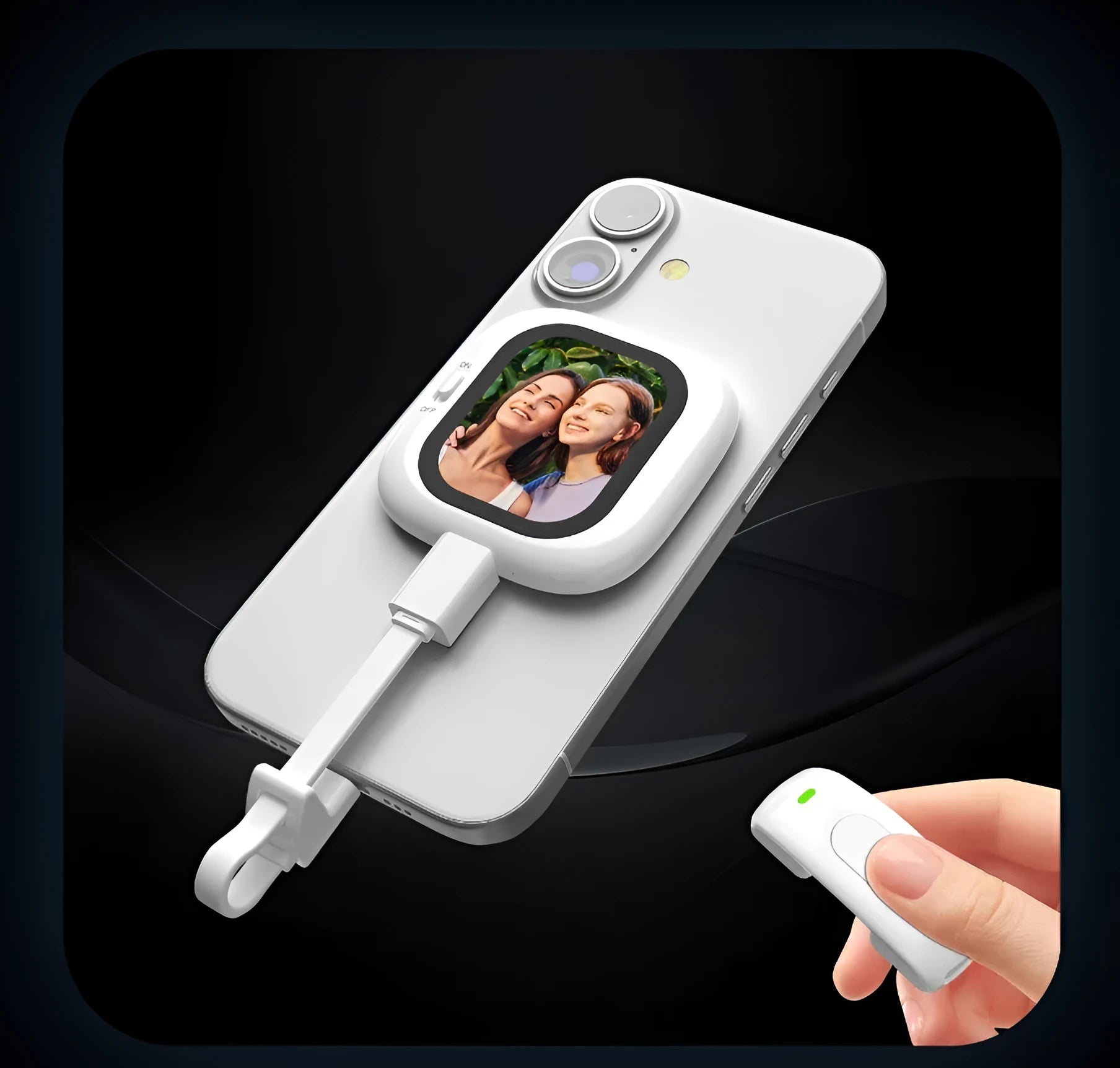 Black mini magnetic photo display screen 2.3 inches with a digital image shown, compatible with iPhone 5 to 16
