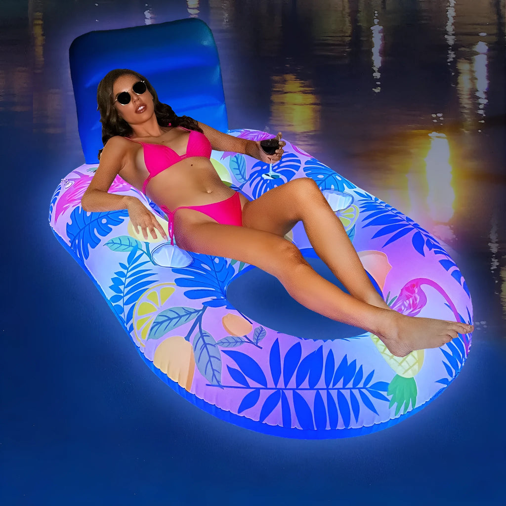 White luminous inflatable PVC pool floating bed with backrest reclined on water