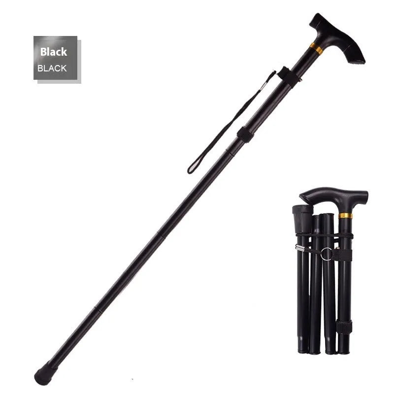 Aluminium alloy folding walking stick extended to show adjustable height and non-slip tip.
