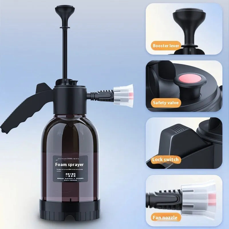 Black 2L foam watering can sprayer with ergonomic handle and adjustable nozzle for garden and car cleaning