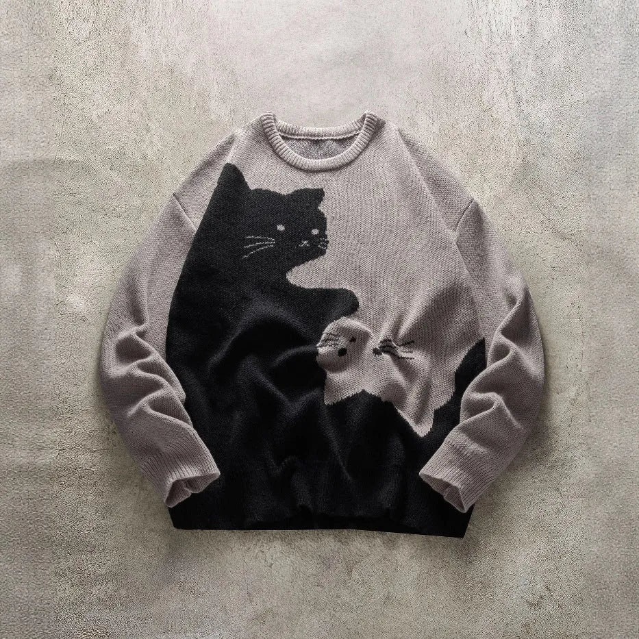 Men's cat pattern round neck knitted pullover sweater in black with jacquard cat motif on front