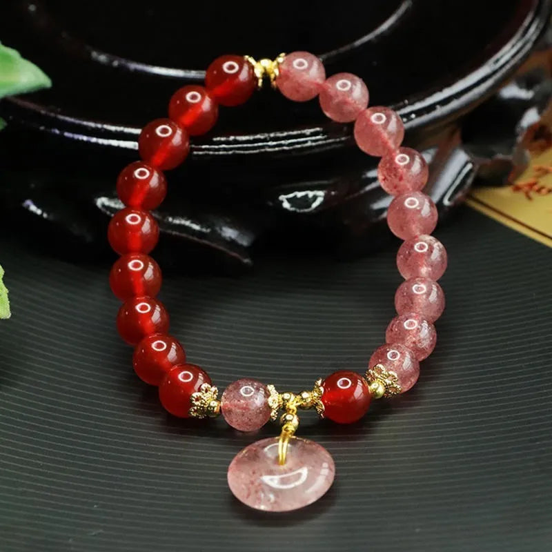 Red agate strawberry quartz bracelet with electroplated finish, drop-shaped geometric beads, retro New Chinese style