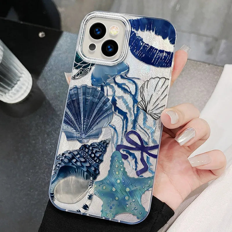 Coral shell large hole feather yarn TPU phone case for Apple iPhone in blue Star River yinshanhu colour