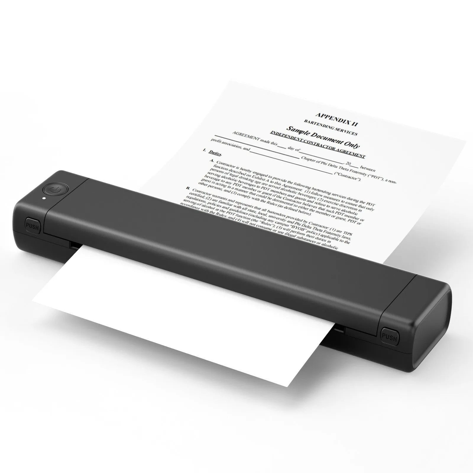 Phomemo M08F white portable A4 thermal printer on a desk next to a mobile phone.