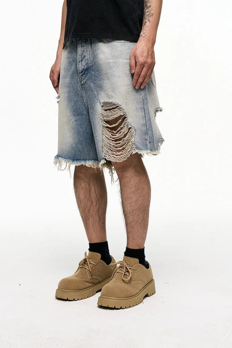 Light blue washed denim shorts with a baggy wide-leg fit and mid-waist on a mannequin.