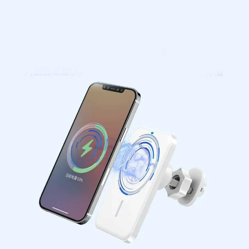 Black car magnetic wireless charger bracket mounted on car vent with phone attached