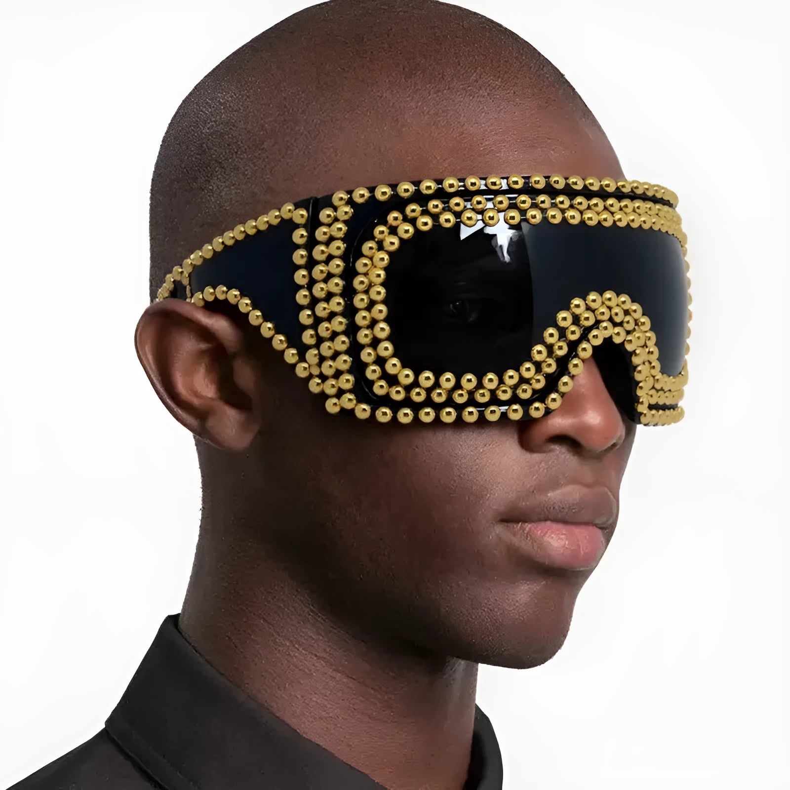 Men's punk style sunglasses with a large square frame and silver rivet details