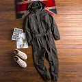Men's hooded workwear jumpsuit in army green with ankle-tied cuffs and zip closure