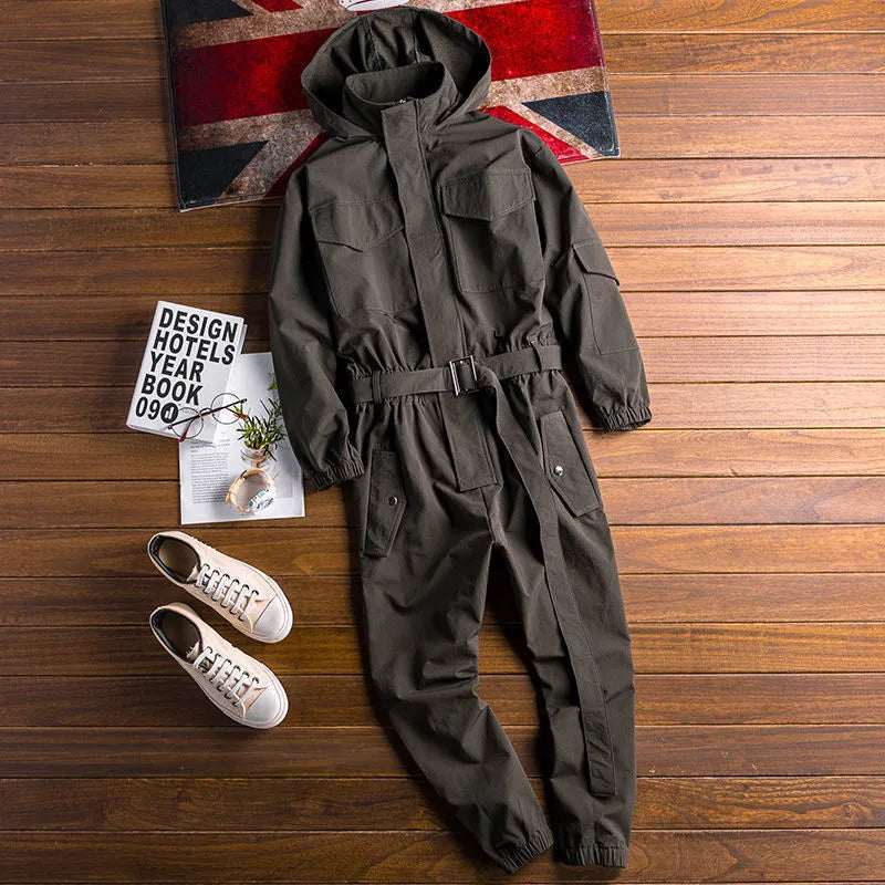 Men's hooded workwear jumpsuit in army green with ankle-tied cuffs and zip closure