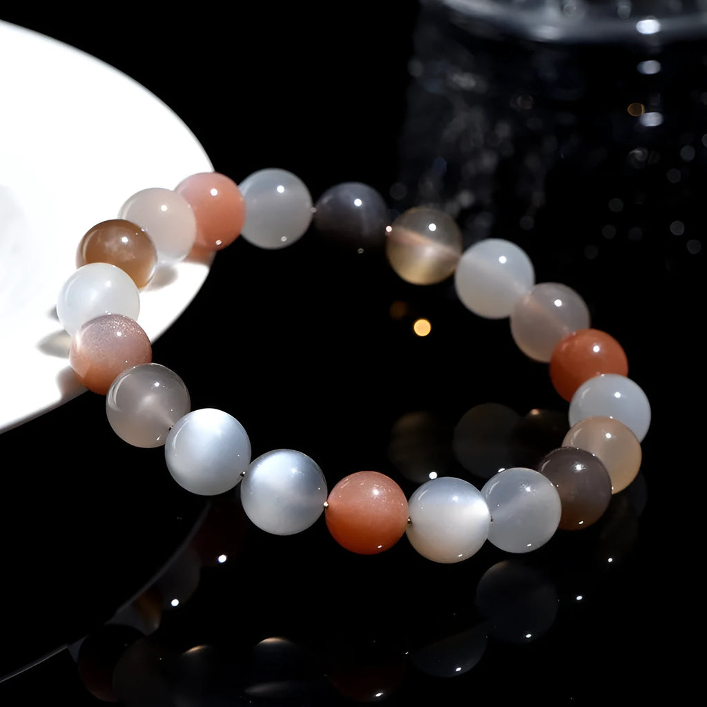 Natural colourful moonlight moonstone bracelet with 8mm beads in a single circle design.