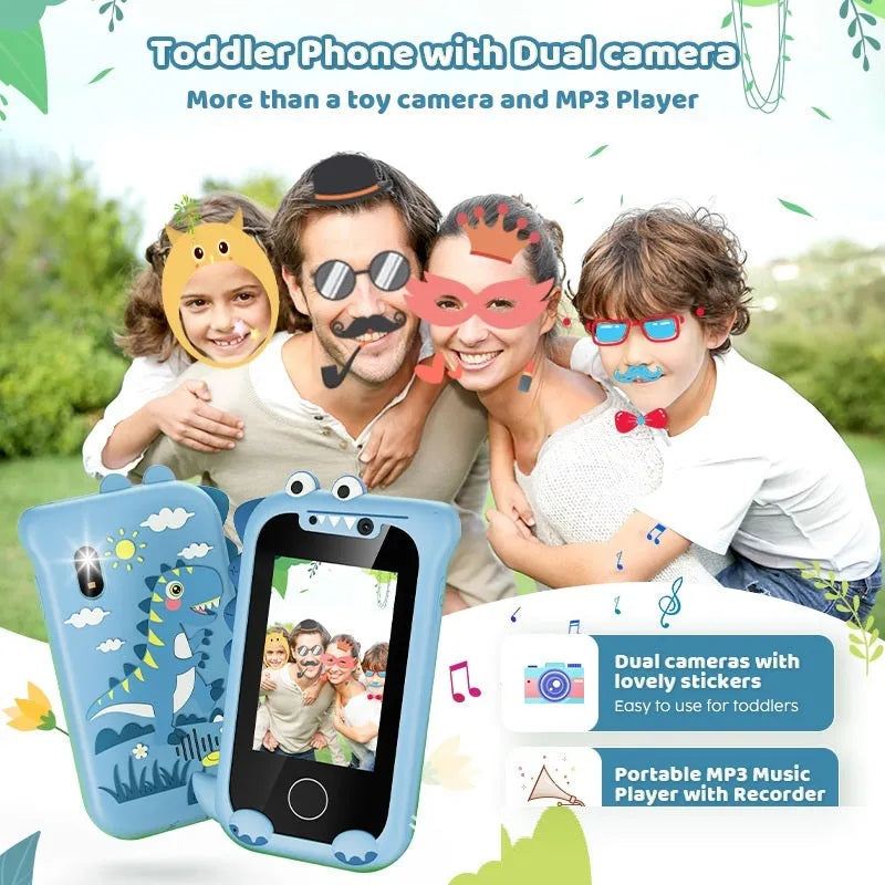 Blue and green silicone-case educational handheld camera for children with touchscreen gaming and photography functions