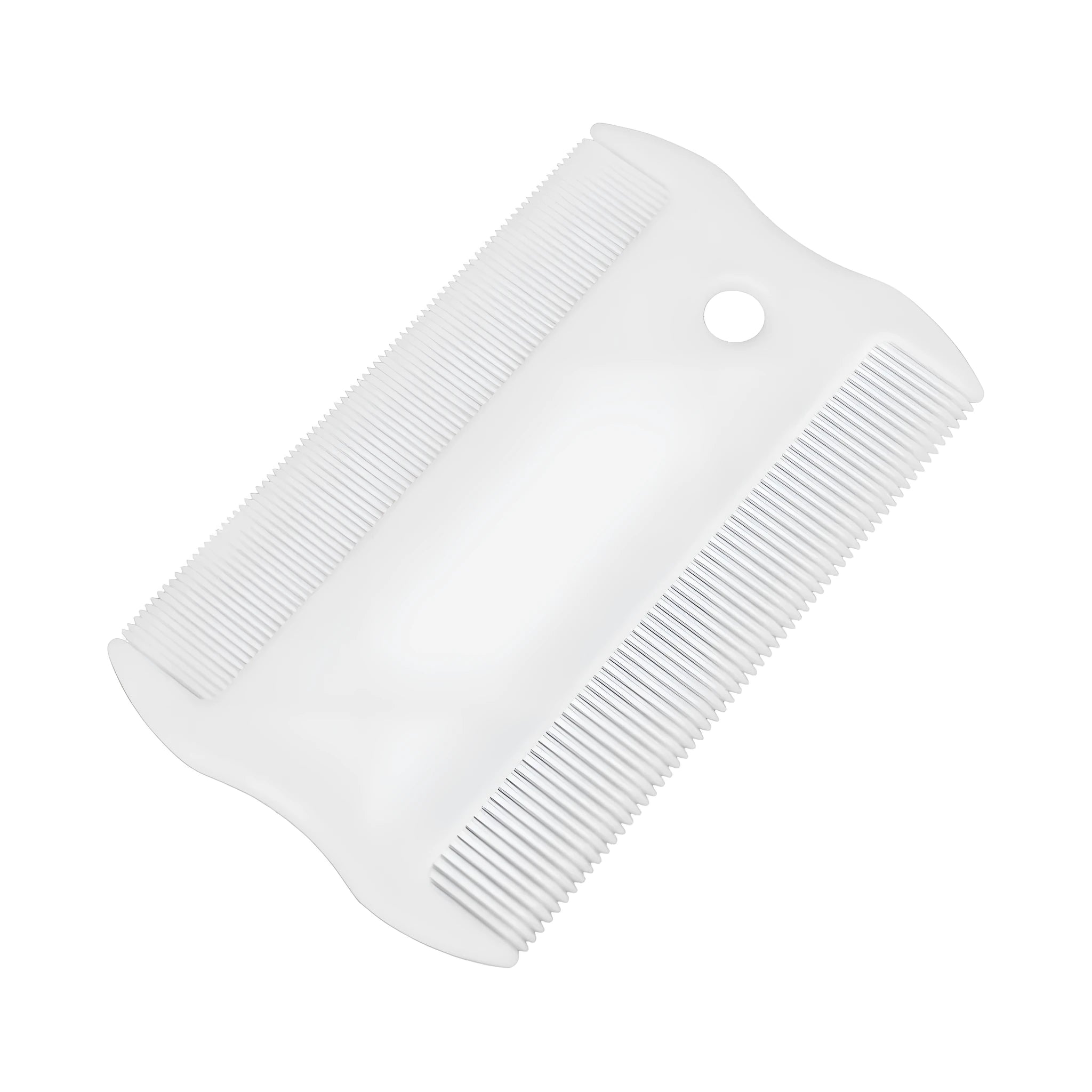 Double-sided plastic pet flea comb showing dense tooth row and grate mouth design for dog and cat grooming