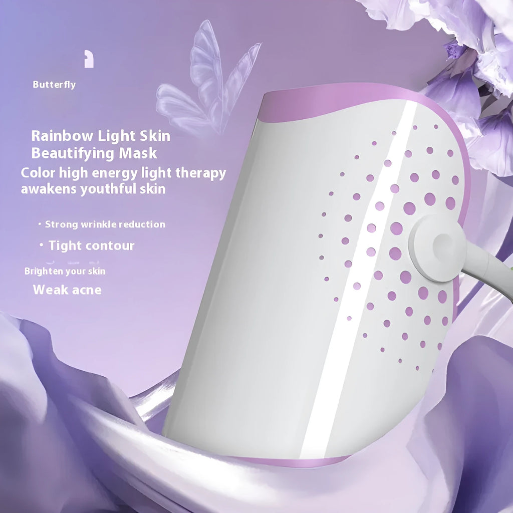 White and purple IPL photon beauty mask device with spectrometer display for home skin treatment.