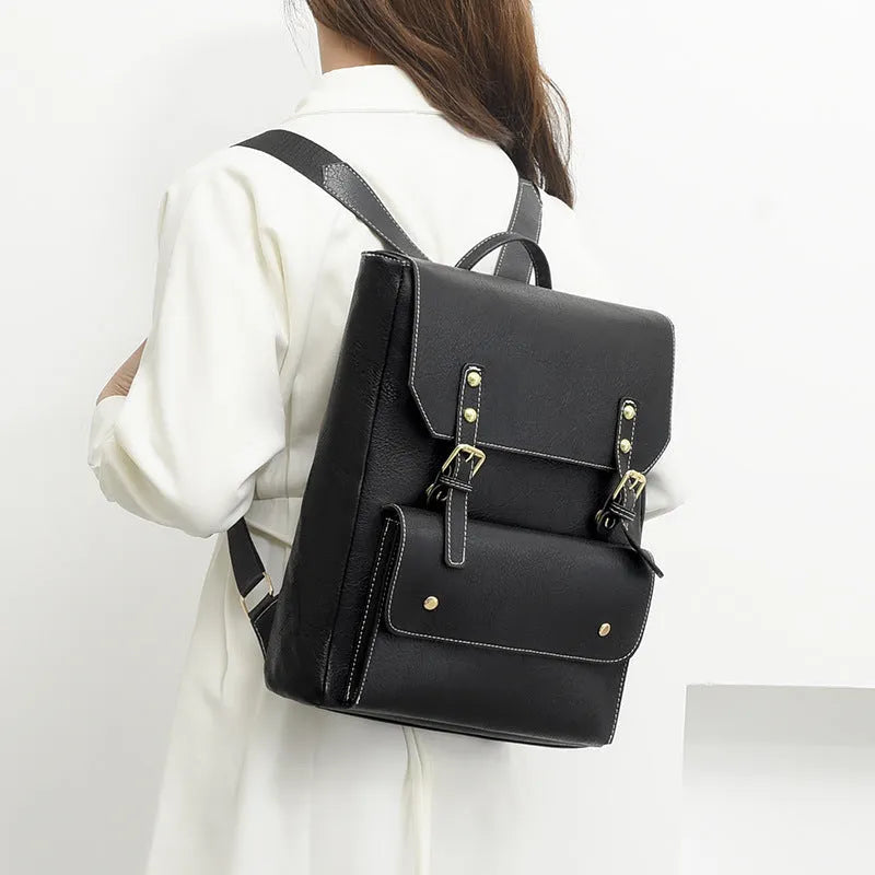 Korean style retro backpack in soft PU material showing ventilation back panel design