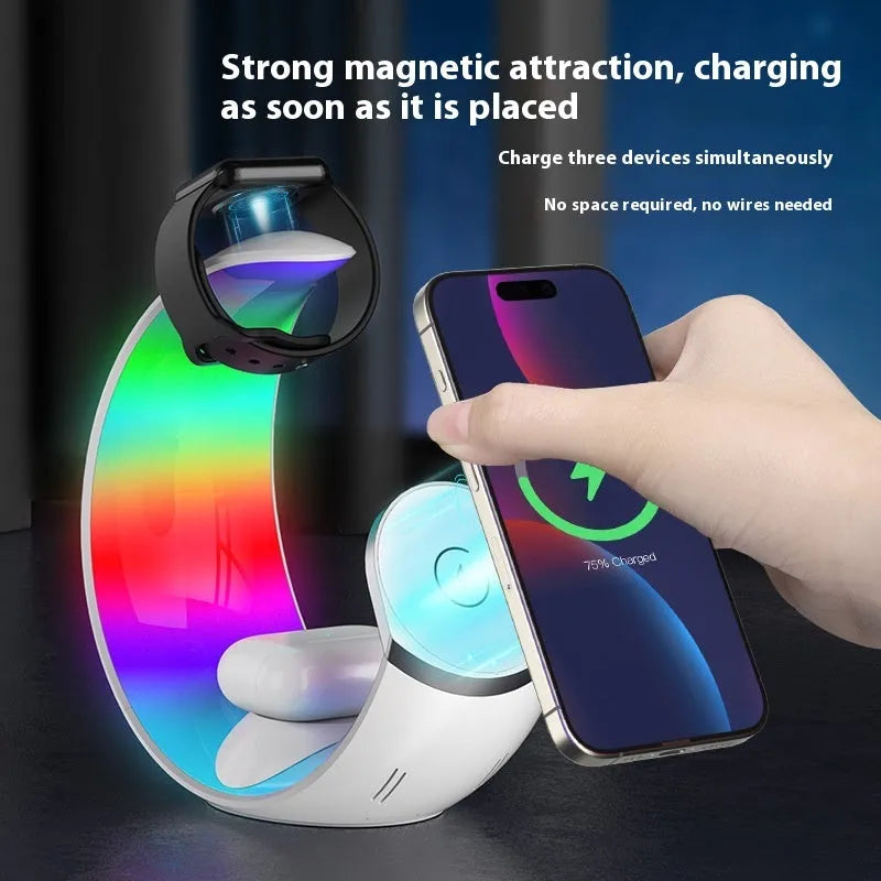 White wireless ambience light 4-in-1 charger with night lamp function and Type-C charging cable