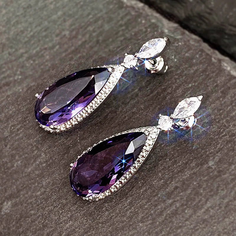 Purple zircon drop earrings with copper base and micro-inlaid design, women's bridal style, one pair.