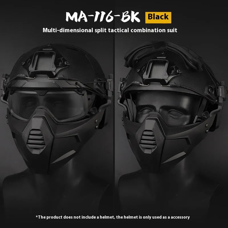 Tactical combination suit mask and goggles set in green with helmet style, free size, TPE and PC materials