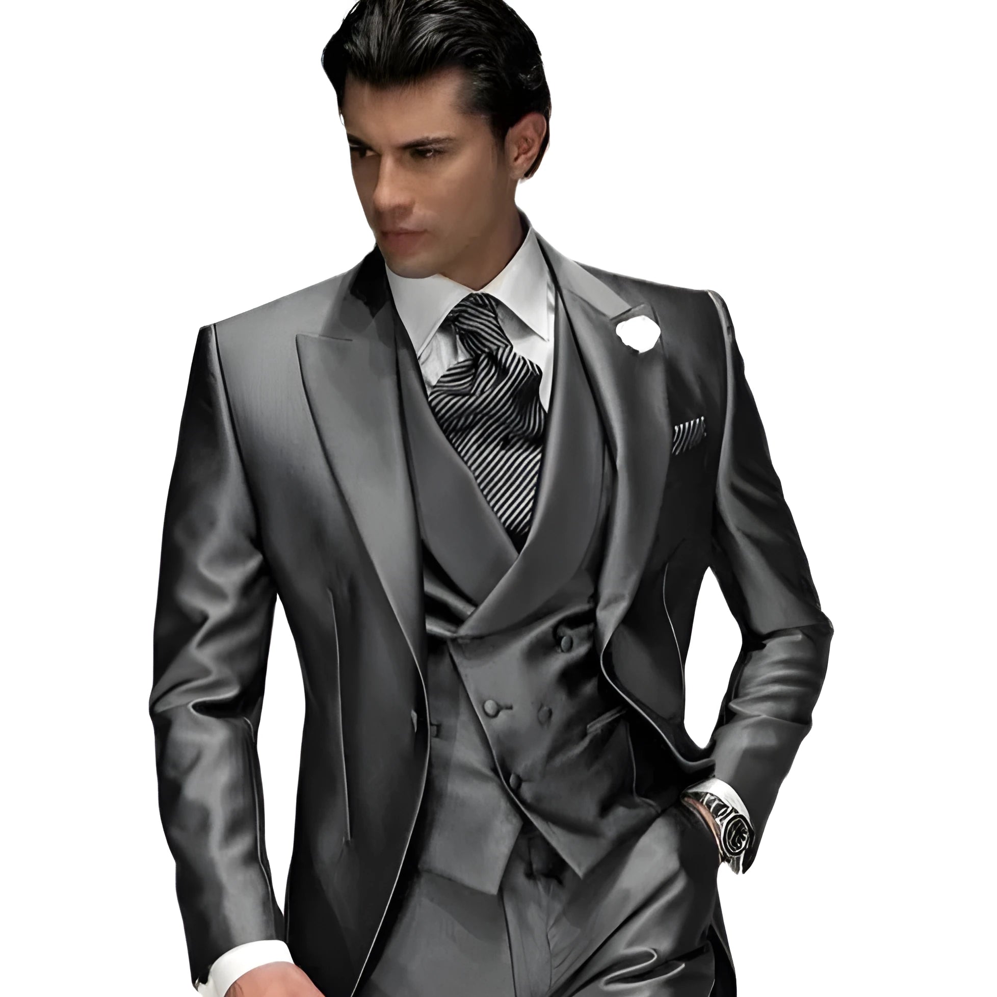 Gray men's three-piece slim fit nylon suit with coat, vest, and trousers