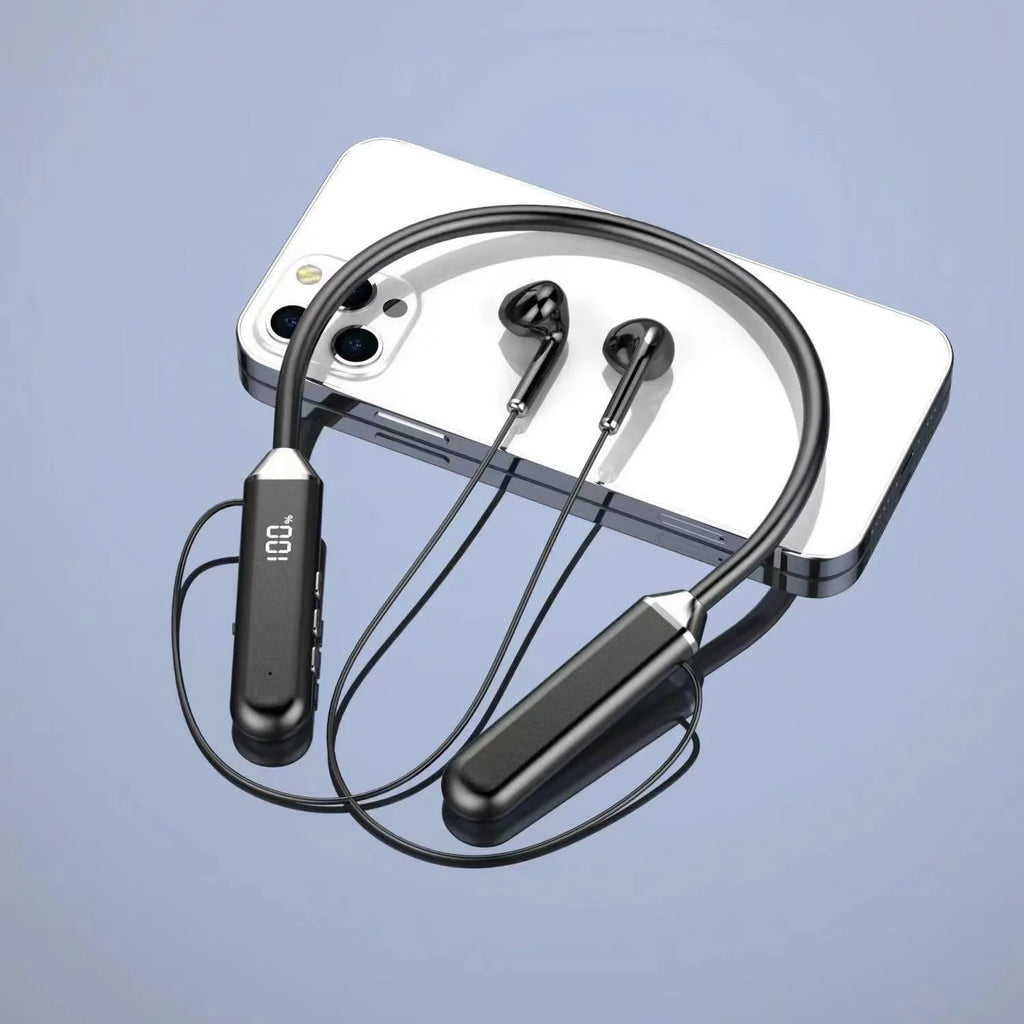 Neck hanging Bluetooth earphone in-ear sports headset with PC ABS build, digital display, and 10m range