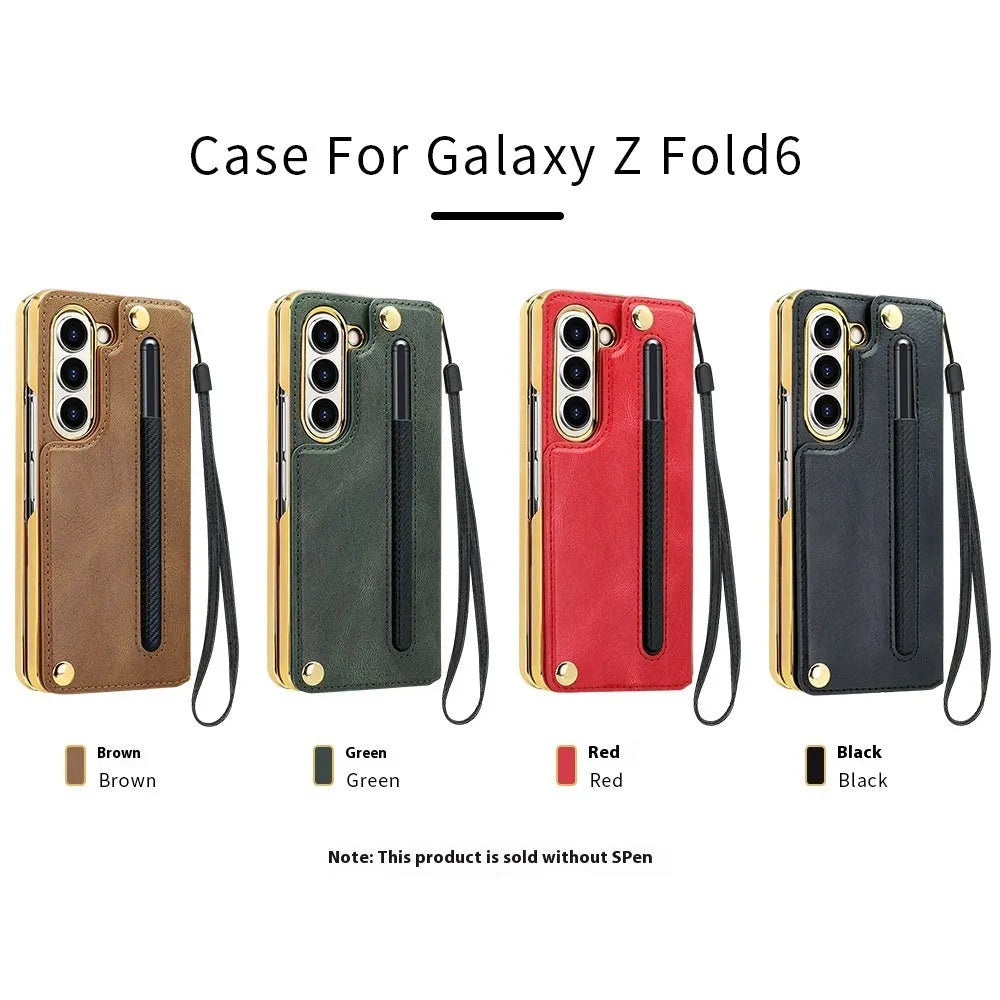 PU leather phone case for Samsung Z Fold 5 with bracket, pen slot, and card storage in black electroplated finish