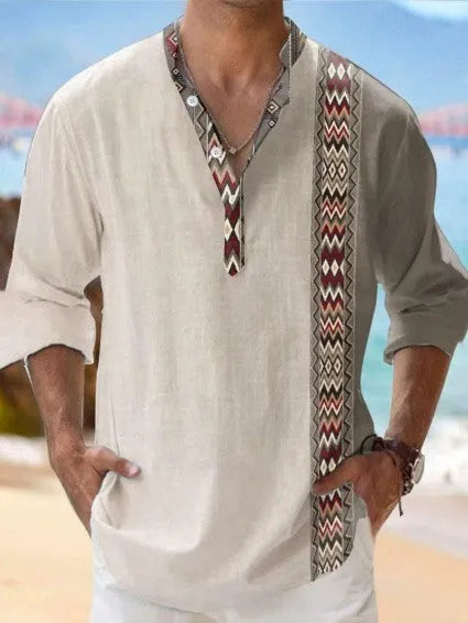 A lilac thin striped long sleeve shirt with a digital bamboo linen pattern, shown in a cardigan style.