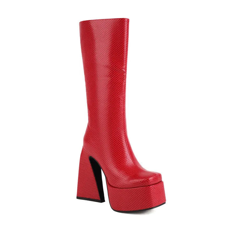 Women's high boots in black, red, blue, and white colours showing artificial PU material and casual style
