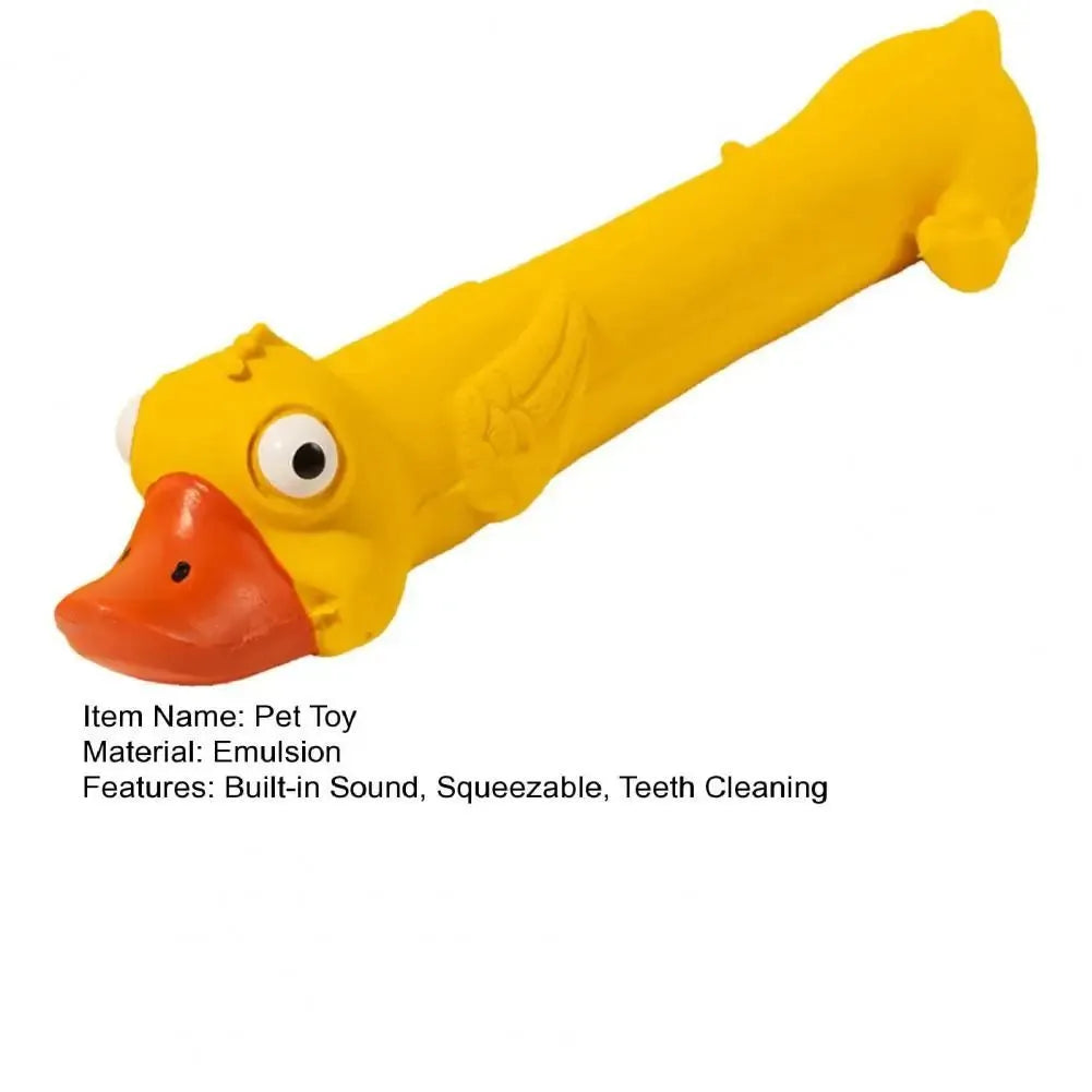 Yellow duck latex dog toy, 26cm long, with built-in squeak sounder for chewing and play